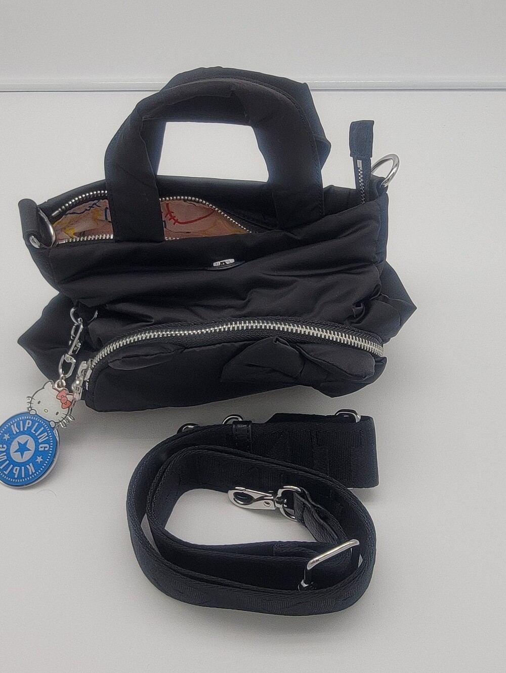 Kipling Black Quilted Mini Handbag with Removable Strap and Charms